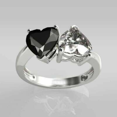 Black White Heart Shape Two Stone Engagement