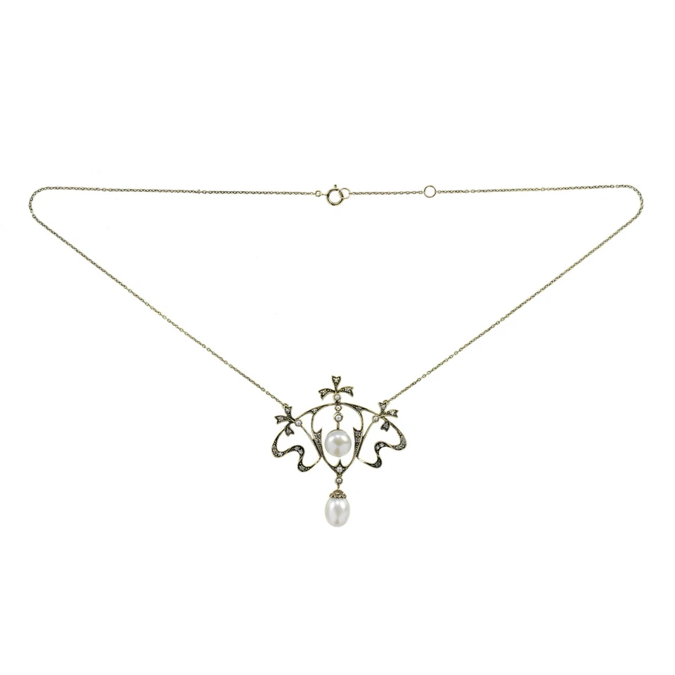 Collar Floral Estilo Eduardiano Perla Natural y Zafiro Blanco Oro Amarillo 9K Foto 4 de 4