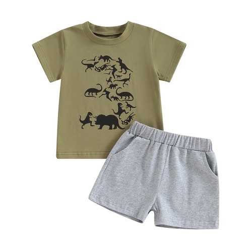 Toddler Boy Dinosaur Print Summer Short Sleeve T-Shirt and Short Set USA STOCK - Picture 2 of 15