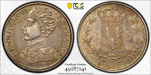 FRANCE HENRI V "PRETENDER" 1831 SILVER FRANC COIN, CERTIFIED NGC SP-62