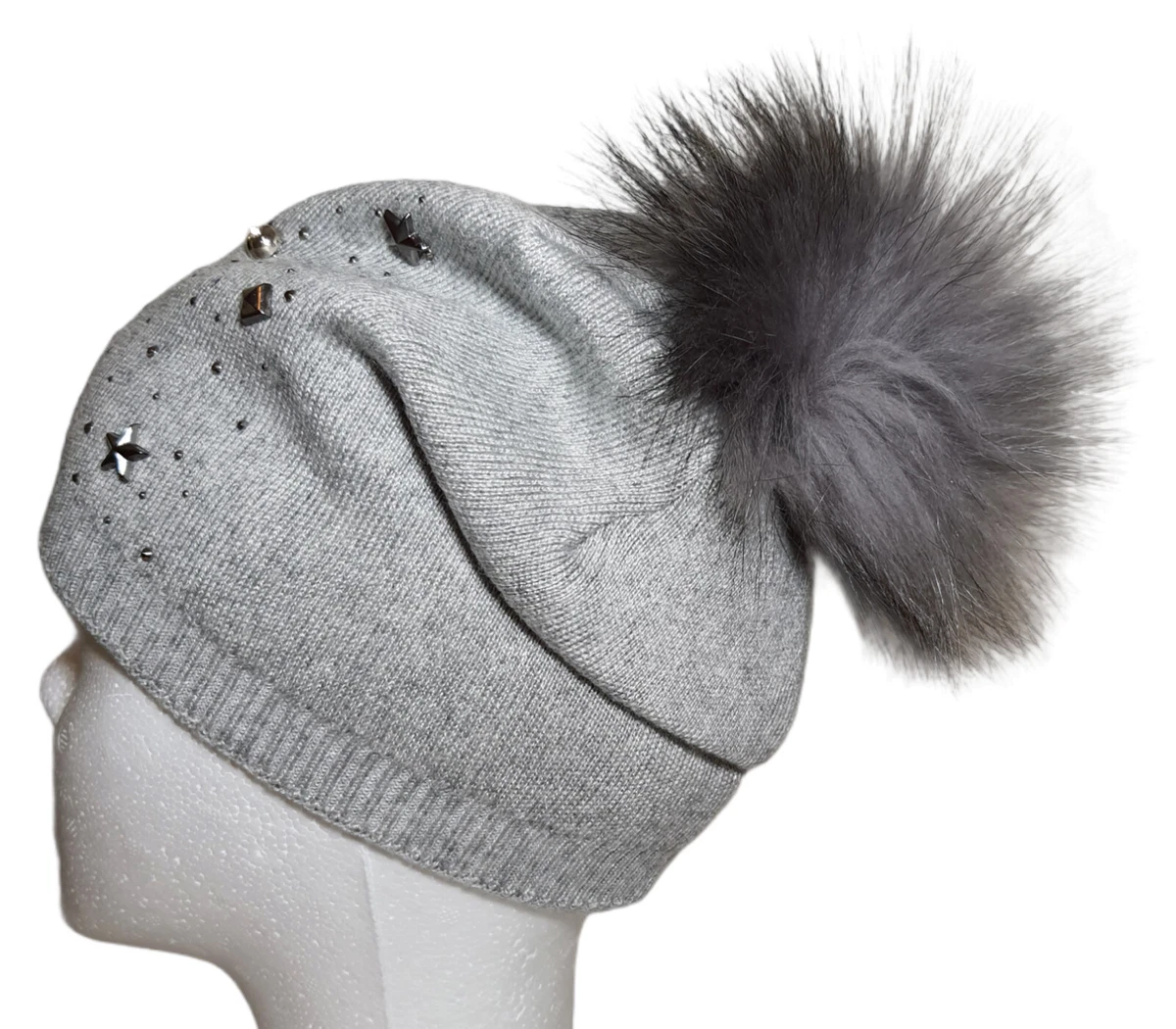 Brillabenny Cappello Berretto Donna Blu Modello Cuffia Vera Pelliccia PON PON Misto Lana Luxury Hat