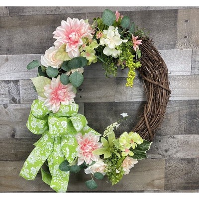 Elegant Pink Floral & White Roses Grapevine Wreath - Handcrafted Beauty