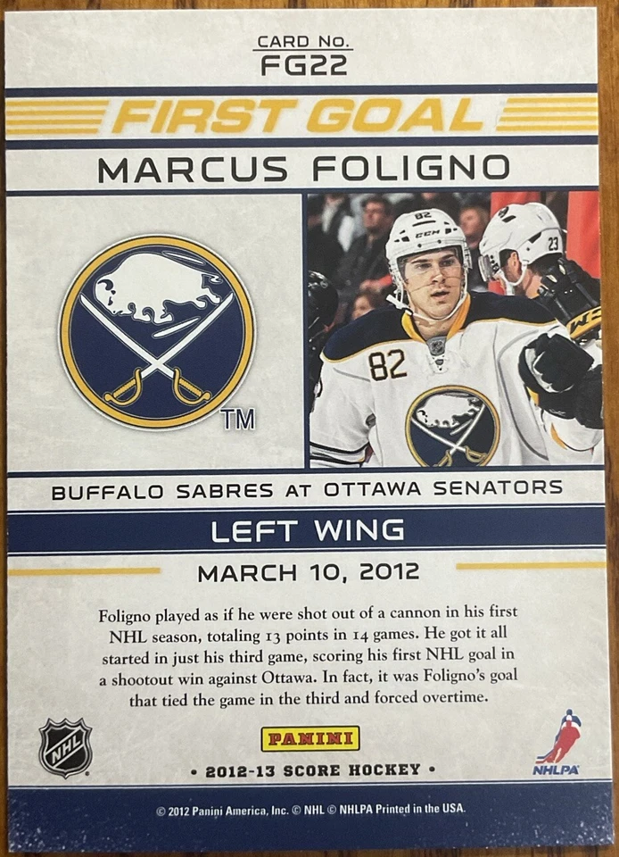 2012-13 Score First Goal Marcus Foligno #FG22 Buffalo Sabres - Image 2 of 2