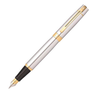Sheaffer 300 Chrome Cap Fine Fountain Pen with Gold Trim Stainless Steel Nib