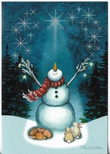 NEW LEANIN' TREE Christmas Card 4.75x6.75 Snowman Looking Up at Peaceful Sky