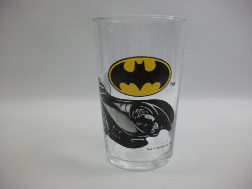 Batman Drinking Glass Tumbler Bat Symbol Batmobile VTG 1989 DC Comics 4.25" Tall - Afbeelding 1 van 3