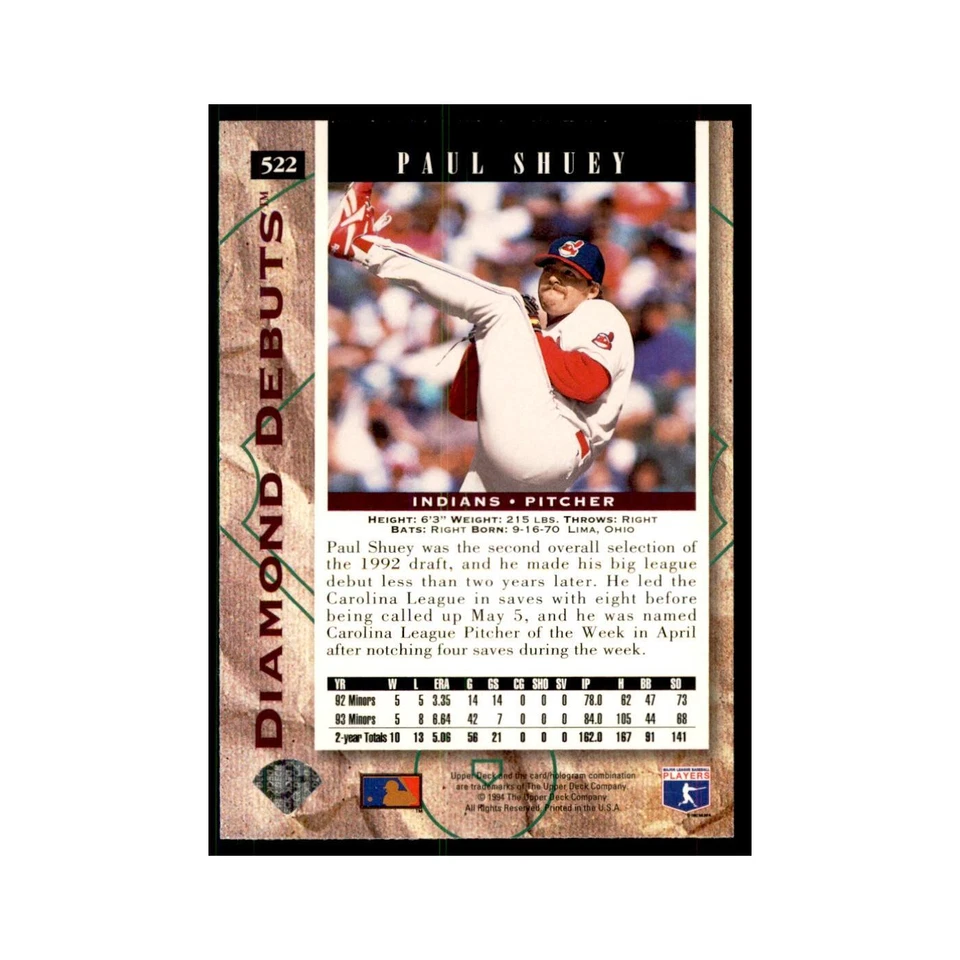 1994 Upper Deck Paul Shuey Indians #522 - Image 2 of 3