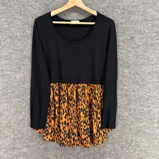 Be Stage Blouse Women L Large Black Animal Print Long Sleeve Rayon Pullover