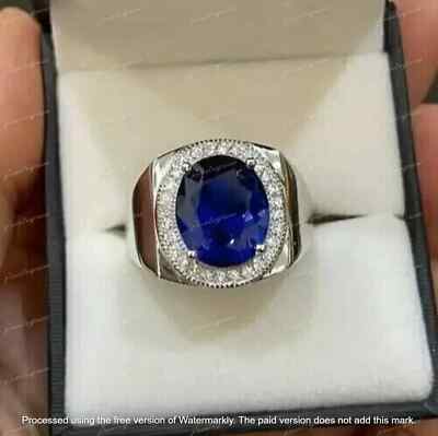 3.30Ct Oval Cut Lab-Created Blue Sapphire Halo Men's Ring 14K White Gold Plated