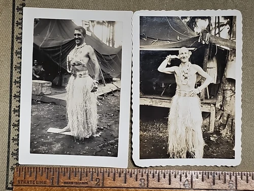 WW2 2 Original Photograph SHIRTLESS MILITARY ARMY MEN Dressed HULA DANCERS