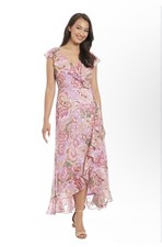 London Times Floral Ruffle Wrap Dress Chiffon Lined Pink Gold Long Size 4