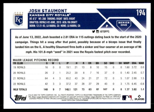 2023 Topps Josh Staumont Kansas City Royals #194 - Picture 2 of 2