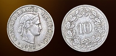 1928-B Switzerland 10 Rappen Mintage 2,000,000 World Coin. Copper-Nickel