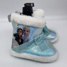 Disney Frozen Elsa Ana Blue Sequined Girls Slippers House Shoes Boots Sz 7-8 New