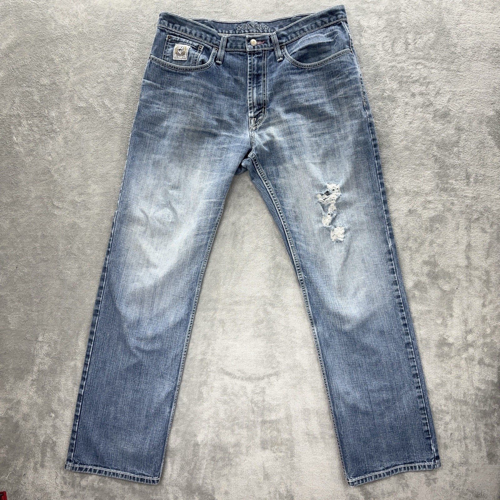 Cinch Jeans Men 36 (Fits 36x33) Blue Straight Leg Distressed Denim White Label