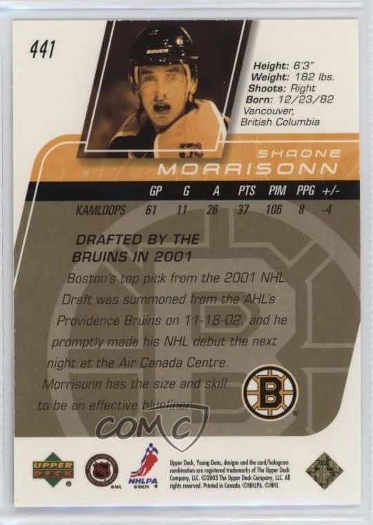 2002 Upper Deck Young Guns Canada Exclusives /75 Shaone Morrisonn #441 Rookie RC - Image 2 of 2