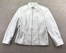 St. John Sport Jacket Womens Medium Silver Leather Full Zip Pockets Stand Collar