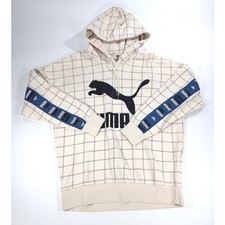 Puma Women's XSGrid Print Oversized Hoodie Cream Blue Logo Sweatshirt