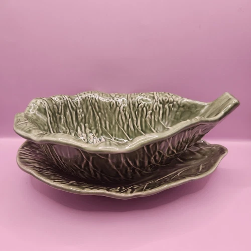 Vintage Bordallo Pinheiro Green Cabbage Platter And Dish Set, 8.5" Long, P 262-B