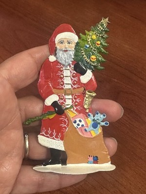 Vintage Wilhelm Schweizer Painted Pewter Santa With Tree Toy bag Standing Figure