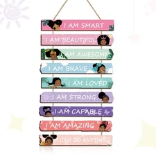 Set of 9 Black Girl Wall Art Decor Wood Motivational Girl Room Wall Art Rainb...