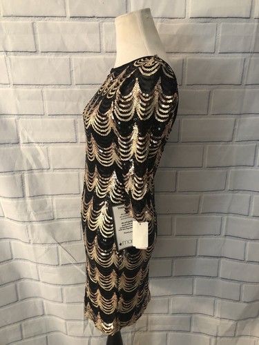 NWT Crystal Doll Sequin Dress Sz M Black Gold Scallop 3/4 Sleeve Cocktail Party - Imagen 3 de 6