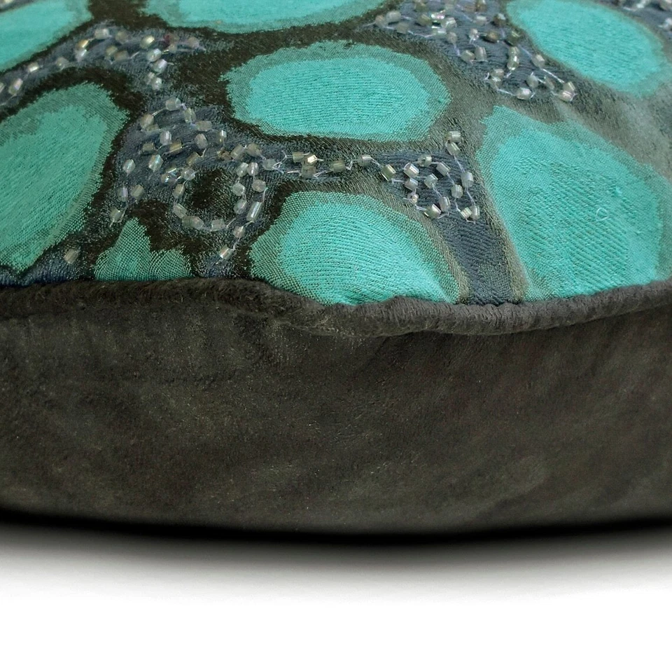 Teal Blue Jacquard 12"x16" Lumbar Pillow Cover Peacock, Hand Embroidery - Shyam - Image 2 of 3