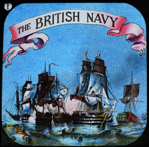ANTIGUA Diapositiva Linterna Mágica LA DIAPOSITIVA DEL TÍTULO DE LA MARINA BRITÁNICA DIBUJO C1890