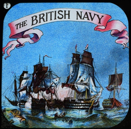 ANTIQUE Magic Lantern Slide THE BRITISH NAVY TITLE SLIDE C1890 DRAWING - Photo 1/2