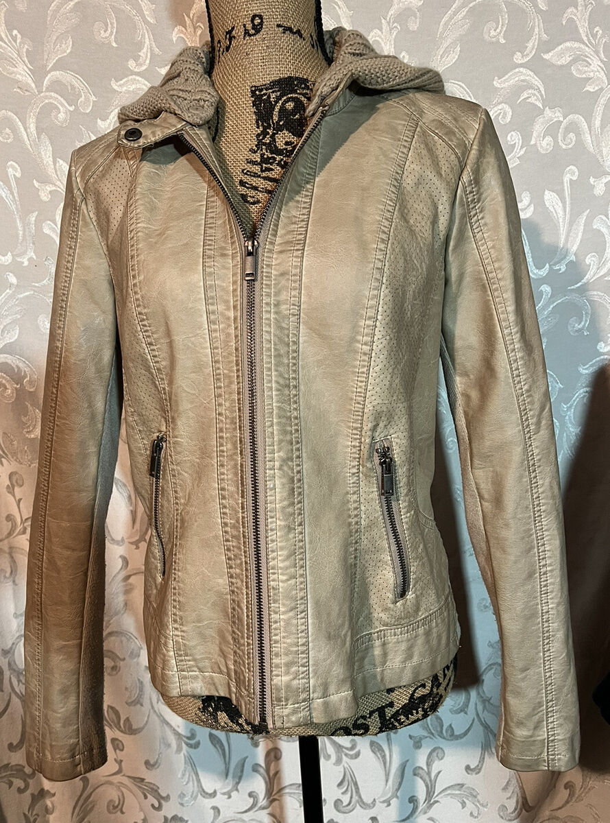 MAURICES Camel Retro Faux Leather Zip Up Biker Jacket Hoodie Women's Medium I45