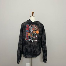 Space Jam Sweatshirt Hoodie Graphic Bleach Dyed Pocket Streetwear Grey Black