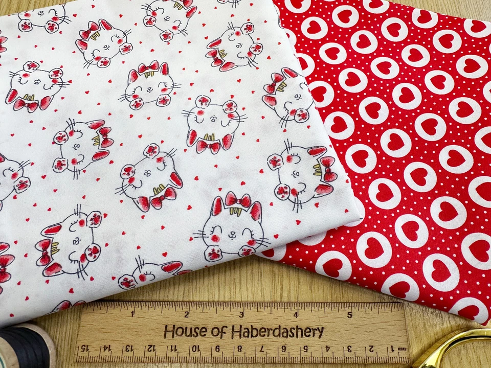 FABRIC BUNDLE - Cute Kitty Cats & Red Love Hearts Cotton Fabric - 2 x 0.5m - Image 2 of 3