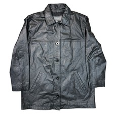 Vintage Leather Trench Coat Jacket Genuine Retro Long Black Womens Medium