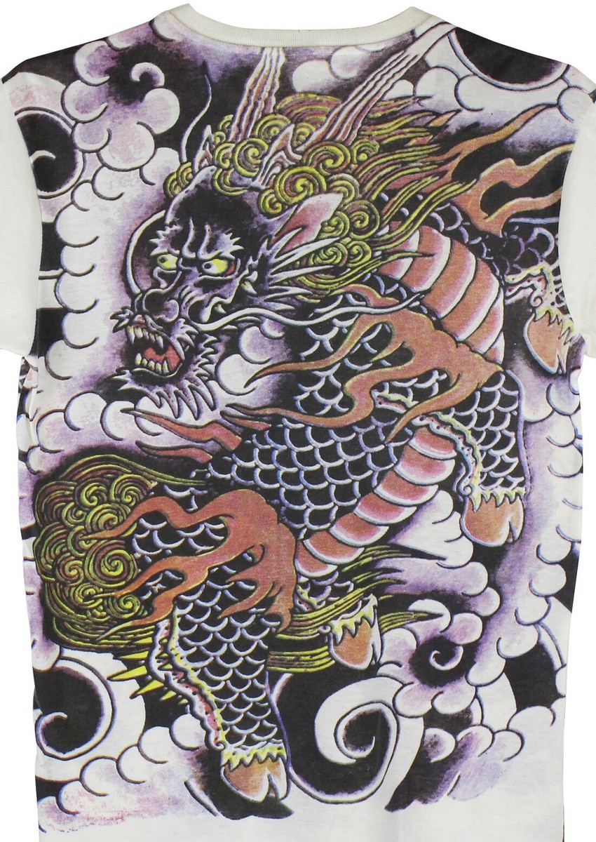 WORK Dragon V-Neck T-Shirt Men Japanese Tattoo Japan Art