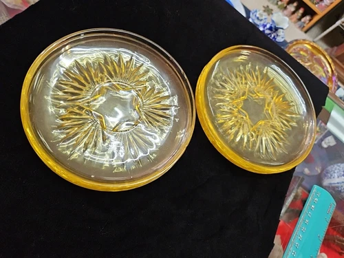 Vintage-Set Of 6 Federal Glass Plates- Amber Sun Gold Star Pattern-6" Across