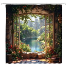 Nature Garden Shower Curtain Forest Mountain Stone Wall Flower Green Leaf Vin...