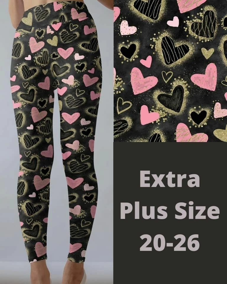 Pink Gold Hearts Valentine's Day Women's Leggings TC2 Extra Plus Size 20-26