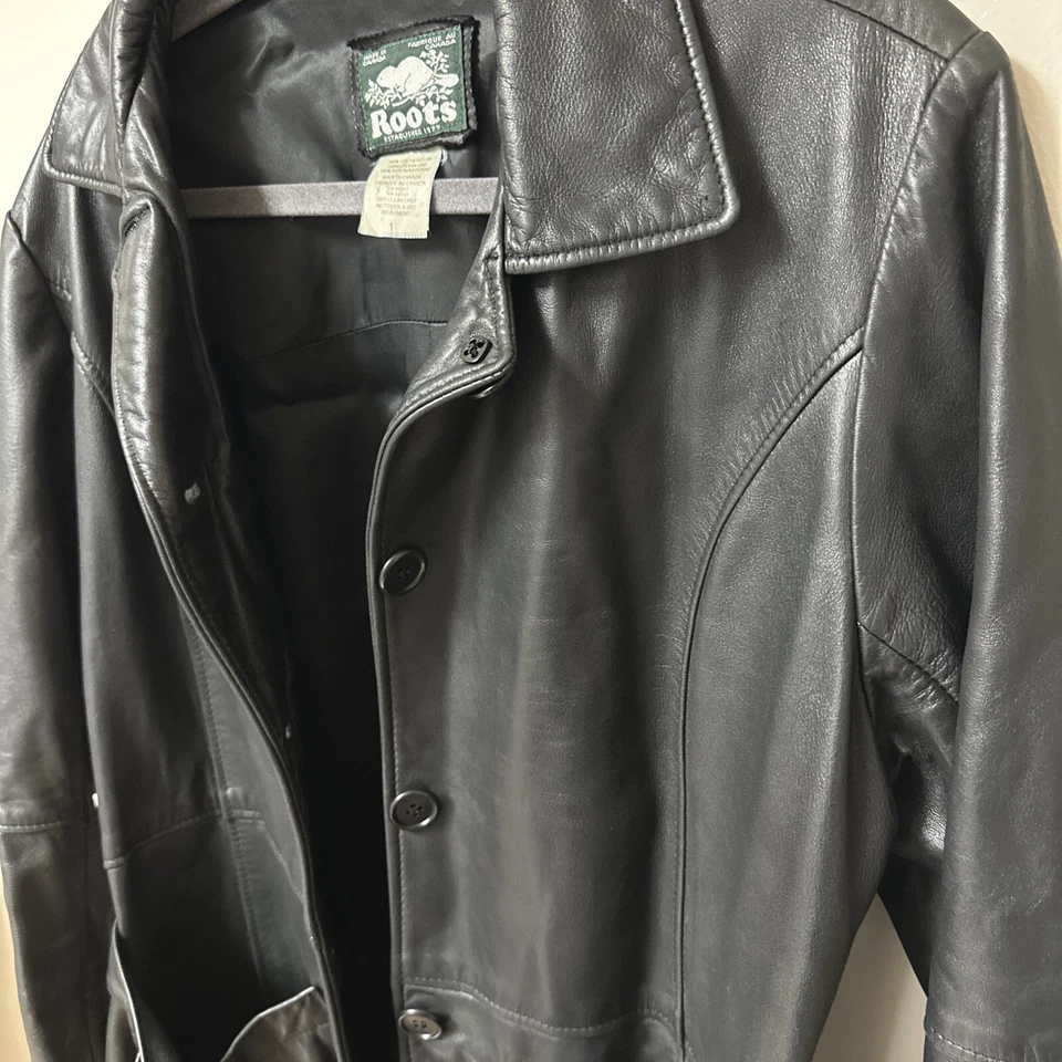 Chaqueta Abrigo Vintage Roots Canada Mujer Cuero Negro Talla 1 Bolsillos Cinturón Corbata Foto 2 de 4
