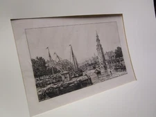 Maxime Lalanne (1827-1886) antique etching Tour de Montalban Amsterdam w/text