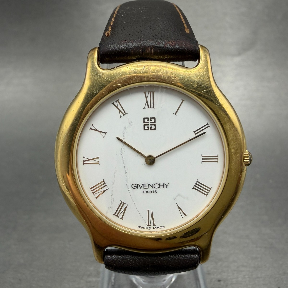 Givenchy Watch Men 34mm White Dial Gold Plated Leather Round New