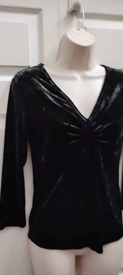Massini Women's Small Black Crush Velvet Top Long Sleeves Gathered Bust Front