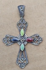 Vtg TJT 925 Sterling Silver Multi-colored Enamel Marcasite Gothic Cross Pendant