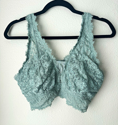 Aerie Green Floral Lace Wireless Sheer Bralette Bra XL Hook & Eye Back