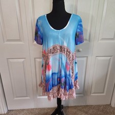 Simply Aster by Firmiana Blue Floral Lace Trim Boho Tunic Top Short Dress Medium