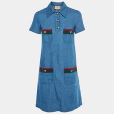Gucci Blue Denim Web Trim Mini Shirt Dress XS