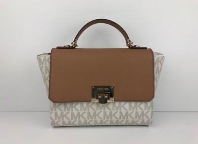 Michael Kors Tina Medium Signature Satchel Shoulder Bag White Tan MK Purse Brown