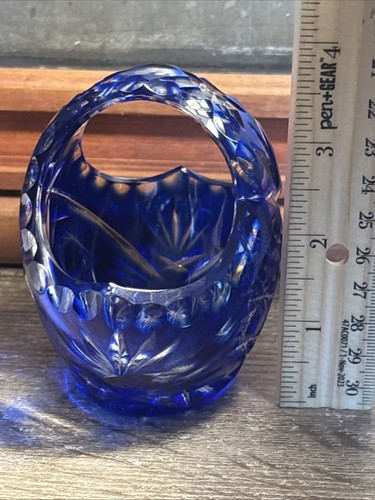 Vintage 70s Bohemian Hand Cut Lead Crystal Cobalt Blue Cut To Clear Basket 4” F2 - Picture 16 of 16