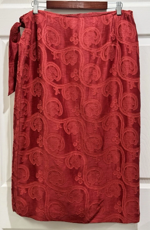 Falda envolvente vintage Talbots seda lino rojo jacquard floral texturizada talla 12 Foto 3 de 4