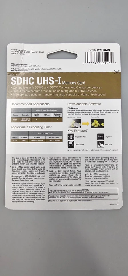 Sony 16GB SDHC/SDXC Class 10 UHS-1 R40 Memory Card SF16UY/TQMN-NEW - Image 2 of 2