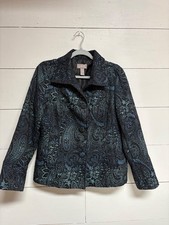 Chico s Jacquard Jacket Size 1 M Black Teal Paisley Textured Button Front